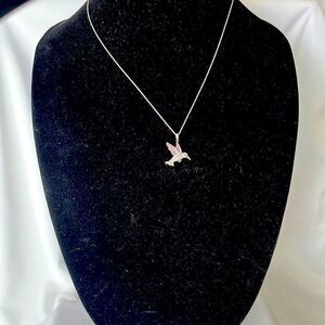 Silver-Tone Rope Chain Necklace with Purple Rhinestone Hummingbird Pendant